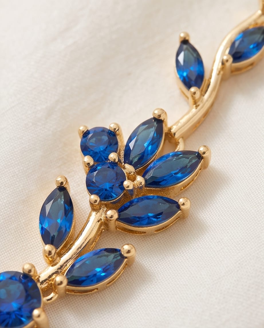 RAWNQ Gold Plated Stainless Steel Leaf Vine Necklace with Blue Cubic Zirconia