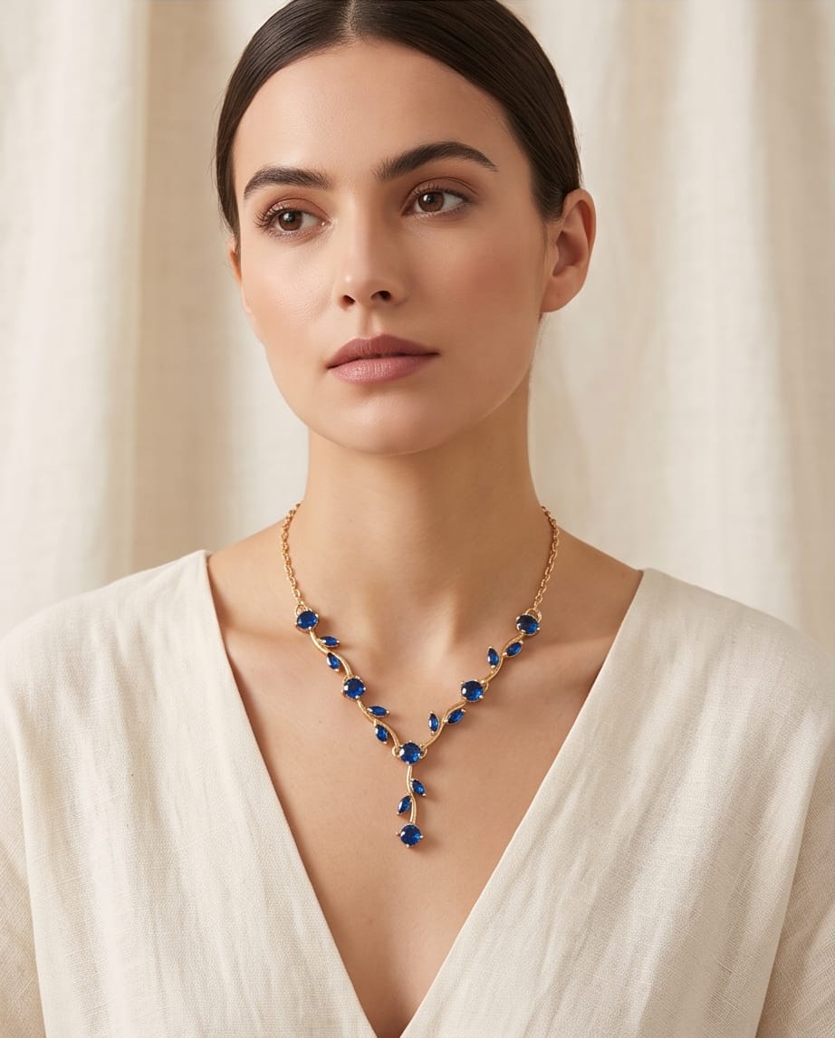 RAWNQ Gold Plated Stainless Steel Leaf Vine Necklace with Blue Cubic Zirconia