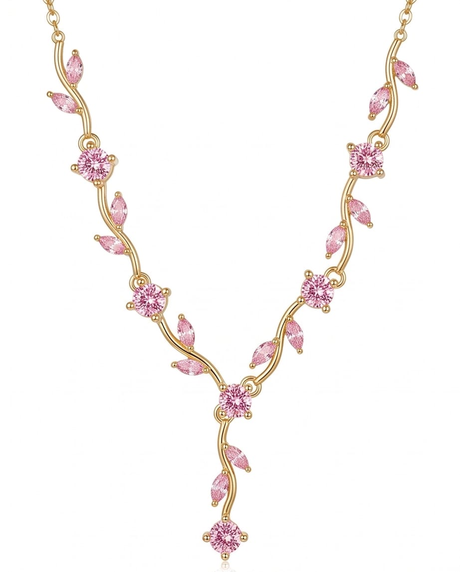 RAWNQ Gold Plated Stainless Steel Leaf Vine Necklace with Pink Cubic Zirconia
