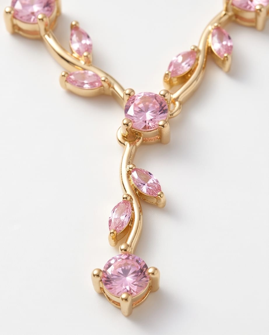 RAWNQ Gold Plated Stainless Steel Leaf Vine Necklace with Pink Cubic Zirconia