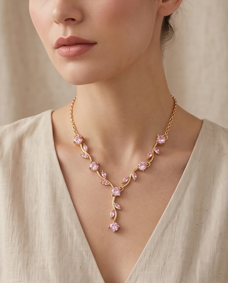 RAWNQ Gold Plated Stainless Steel Leaf Vine Necklace with Pink Cubic Zirconia