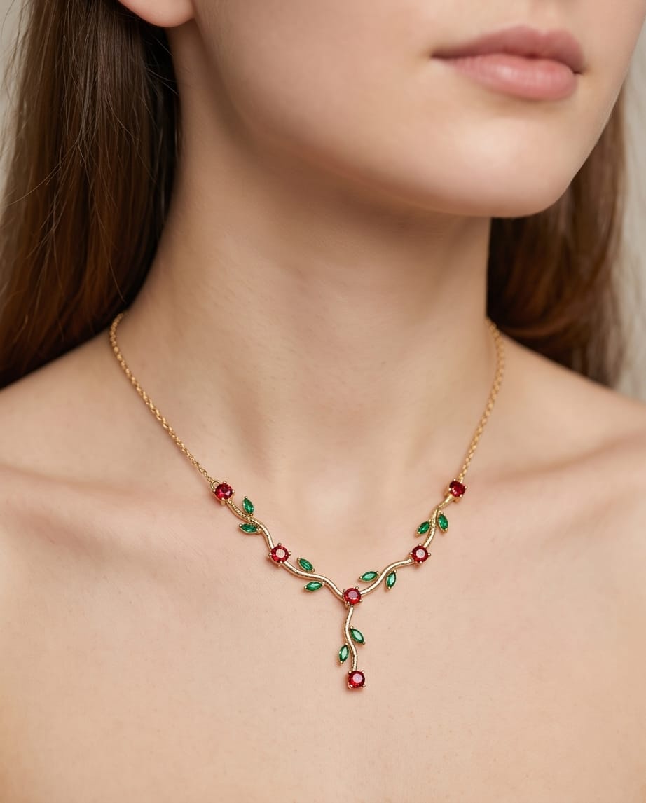 RAWNQ Gold Plated Stainless Steel Leaf Vine Necklace with Red and Green Cubic Zirconia