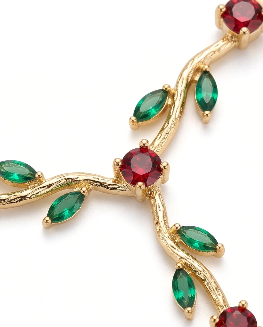 RAWNQ Gold Plated Stainless Steel Leaf Vine Necklace with Red and Green Cubic Zirconia