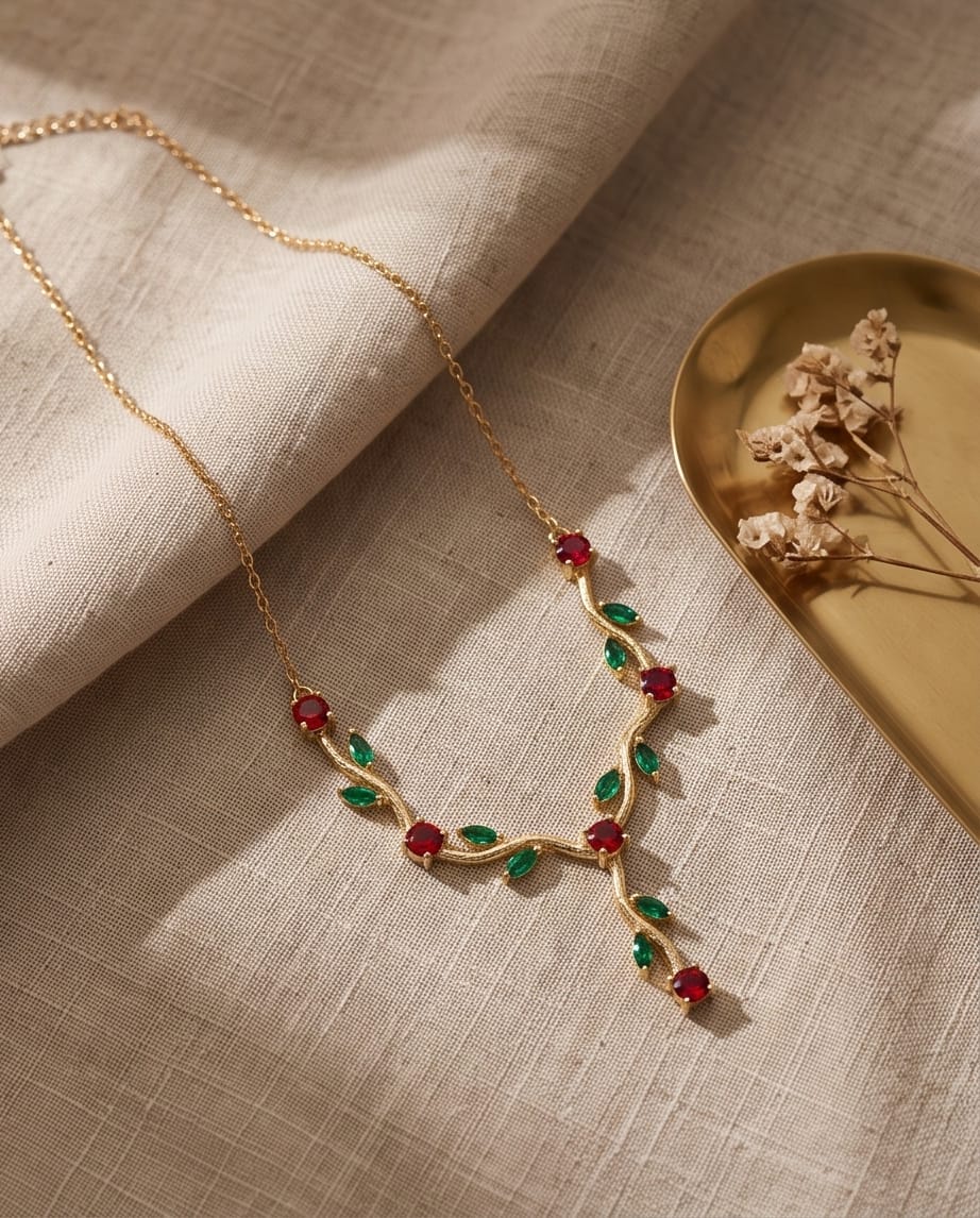 RAWNQ Gold Plated Stainless Steel Leaf Vine Necklace with Red and Green Cubic Zirconia