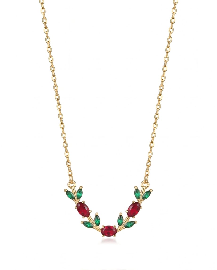 RAWNQ Gold Plated Stainless Steel Leaf Vine Necklace with Red and Green Cubic Zirconia