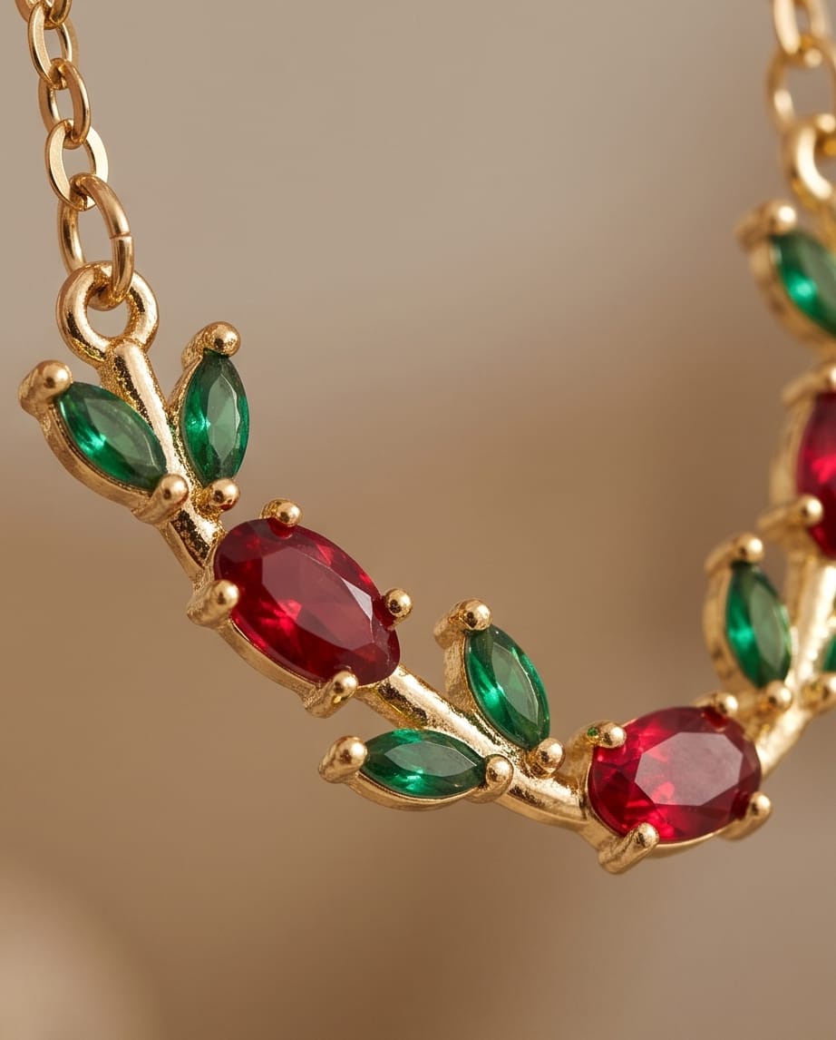RAWNQ Gold Plated Stainless Steel Leaf Vine Necklace with Red and Green Cubic Zirconia