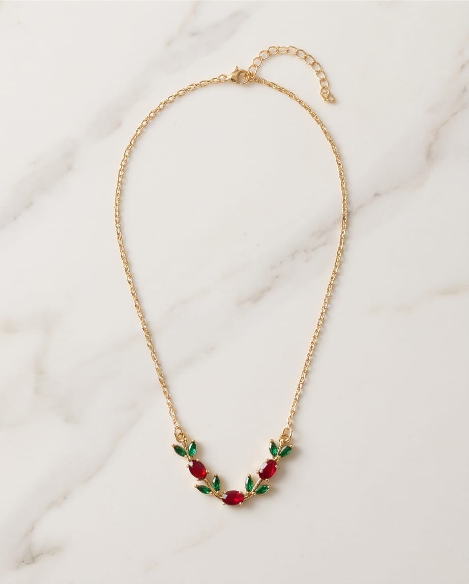 RAWNQ Gold Plated Stainless Steel Leaf Vine Necklace with Red and Green Cubic Zirconia