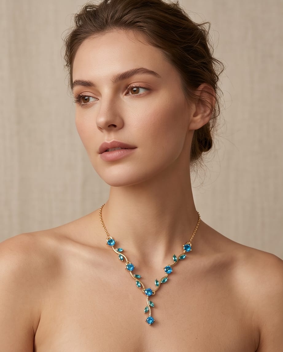 RAWNQ Gold Plated Stainless Steel Leaf Vine Necklace with Light Blue & Teal Cubic Zirconia