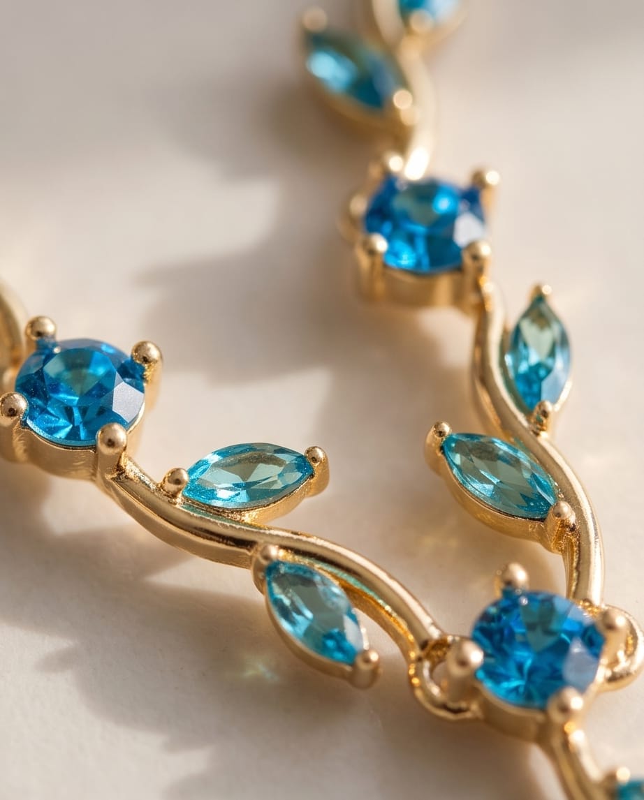 RAWNQ Gold Plated Stainless Steel Leaf Vine Necklace with Light Blue & Teal Cubic Zirconia