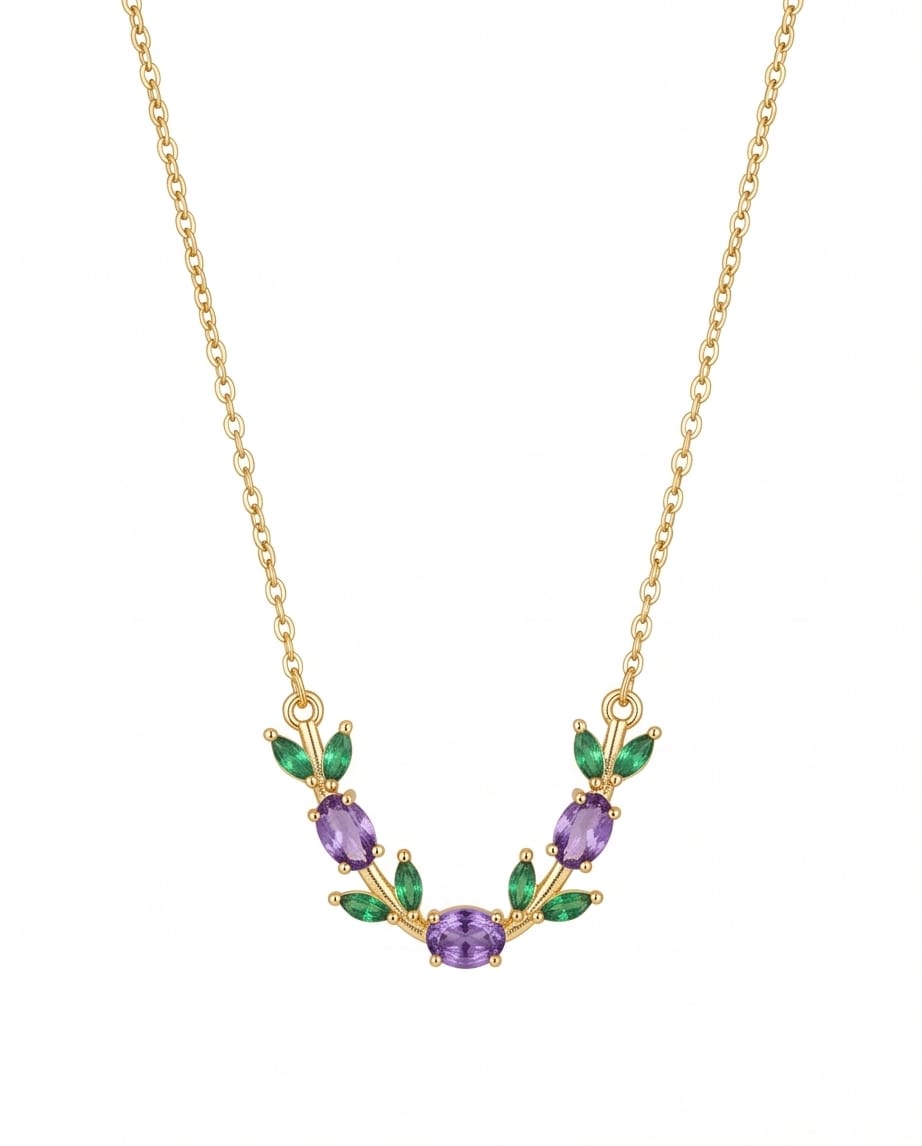 RAWNQ Gold Plated Stainless Steel Leaf Vine Necklace with Purple and Green Cubic Zirconia
