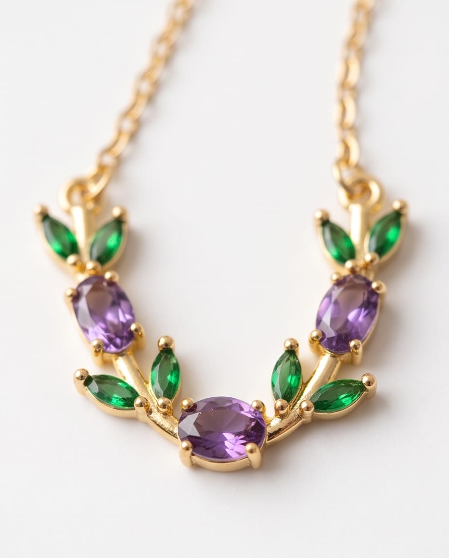 RAWNQ Gold Plated Stainless Steel Leaf Vine Necklace with Purple and Green Cubic Zirconia