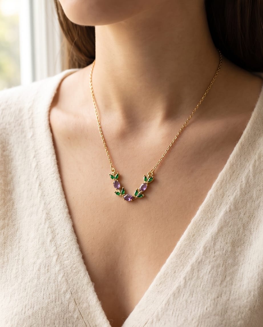 RAWNQ Gold Plated Stainless Steel Leaf Vine Necklace with Purple and Green Cubic Zirconia