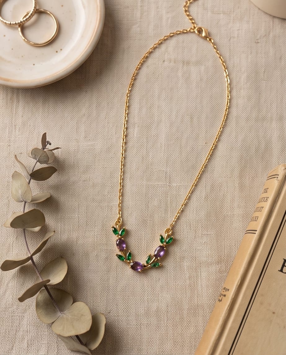 RAWNQ Gold Plated Stainless Steel Leaf Vine Necklace with Purple and Green Cubic Zirconia