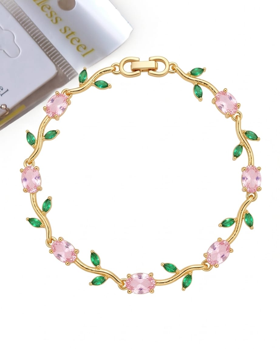RAWNQ Gold Plated Stainless Steel Leaf Vine Bracelet with Pink and Green Cubic Zirconia