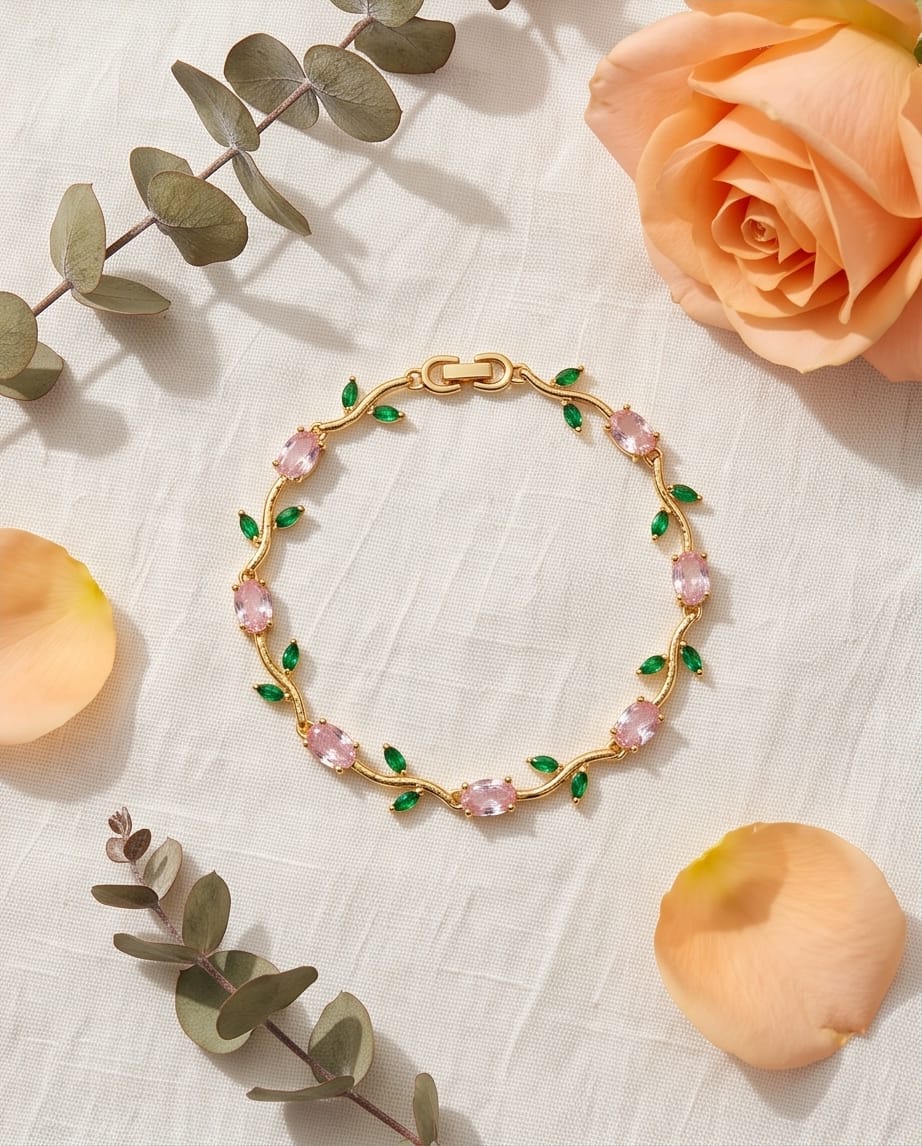 RAWNQ Gold Plated Stainless Steel Leaf Vine Bracelet with Pink and Green Cubic Zirconia
