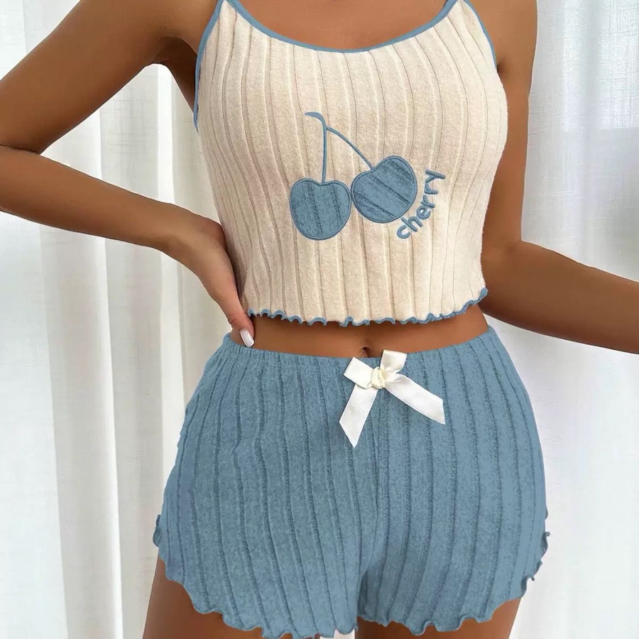طقم بيجامة مضلع كرز وتوب بحمالات | Cherry Ribbed Cami Set PJ003