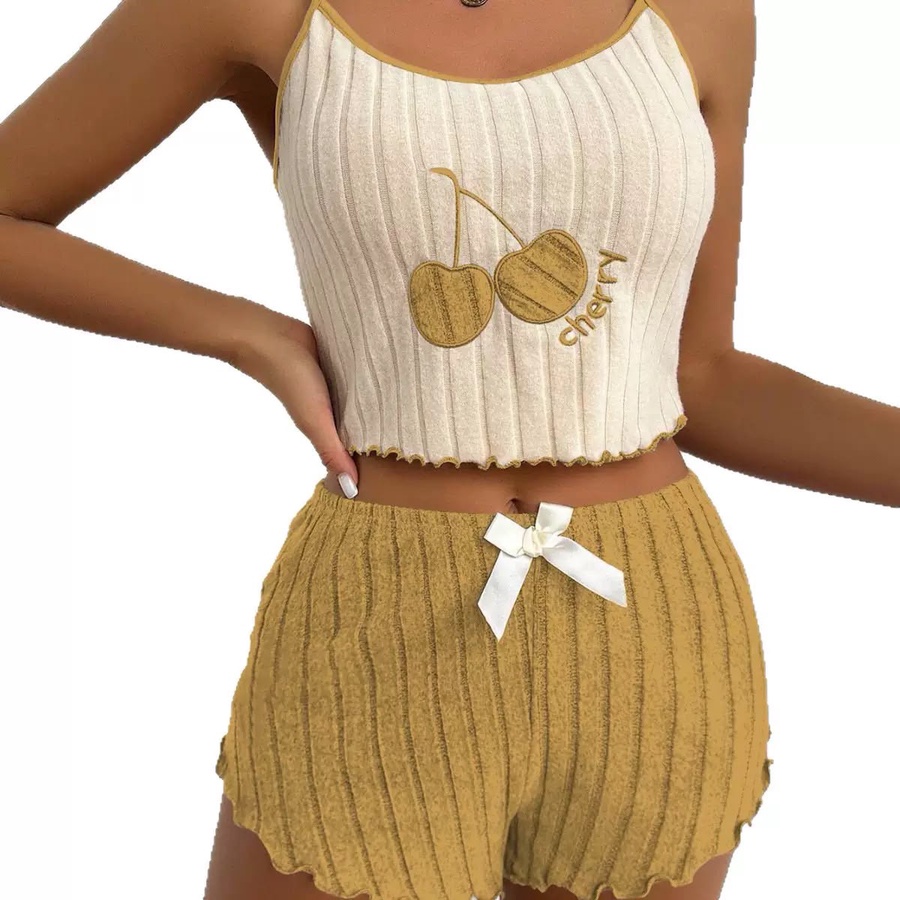 طقم بيجامة مضلع كرز وتوب بحمالات | Cherry Ribbed Cami Set PJ003