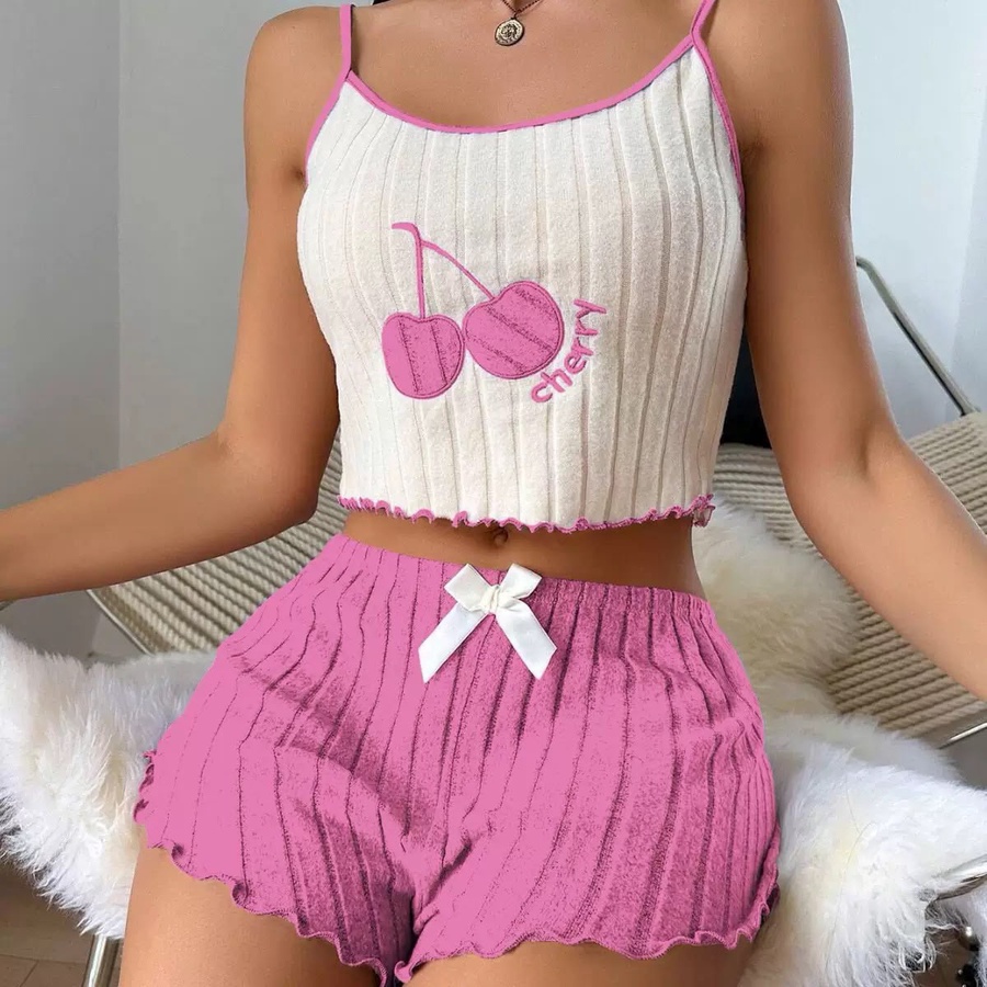 طقم بيجامة مضلع كرز وتوب بحمالات | Cherry Ribbed Cami Set PJ003