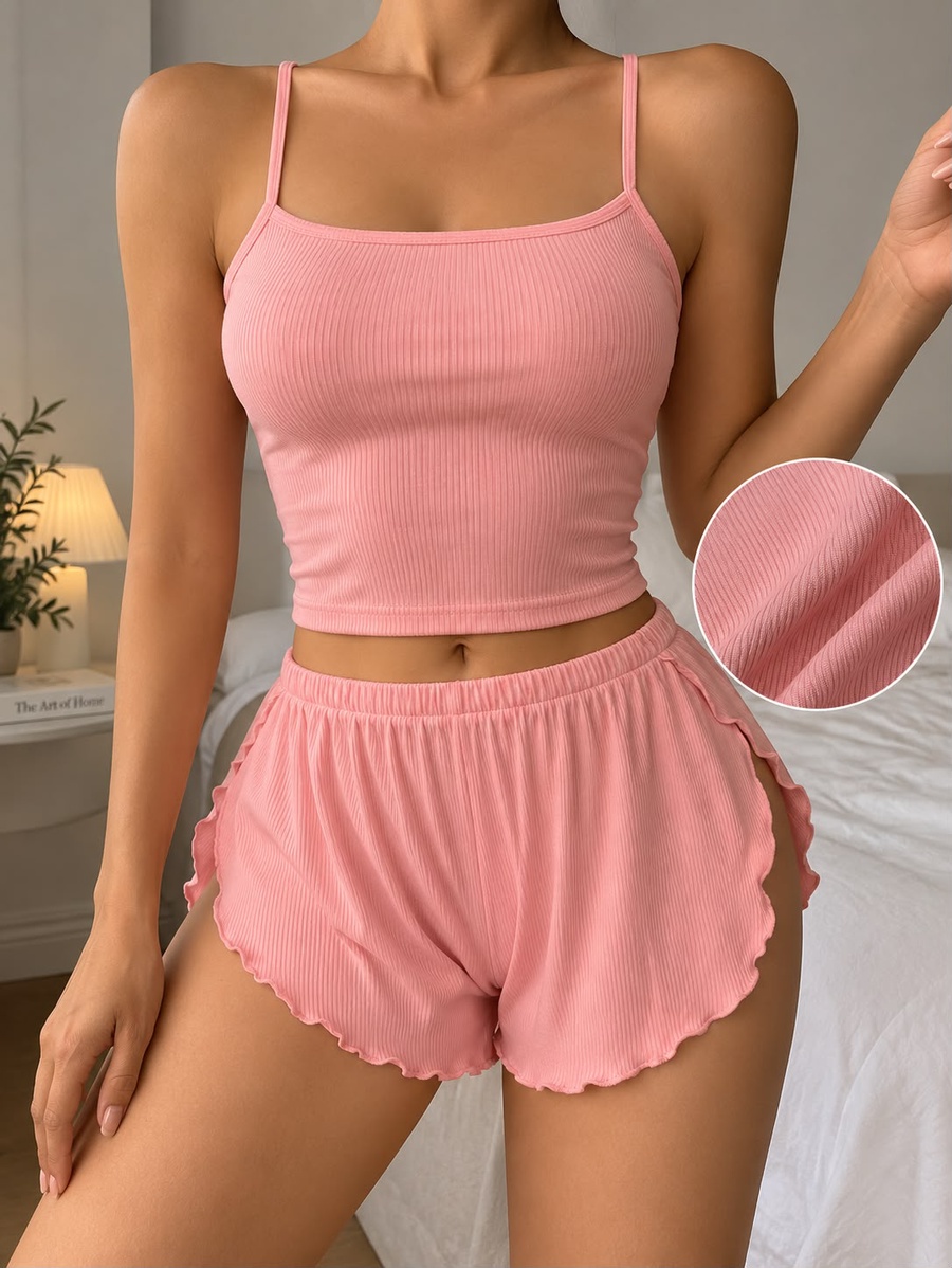 طقم بيجامة مضلع بحمالات رفيعة وشورت | Ribbed Cami Set PJ006