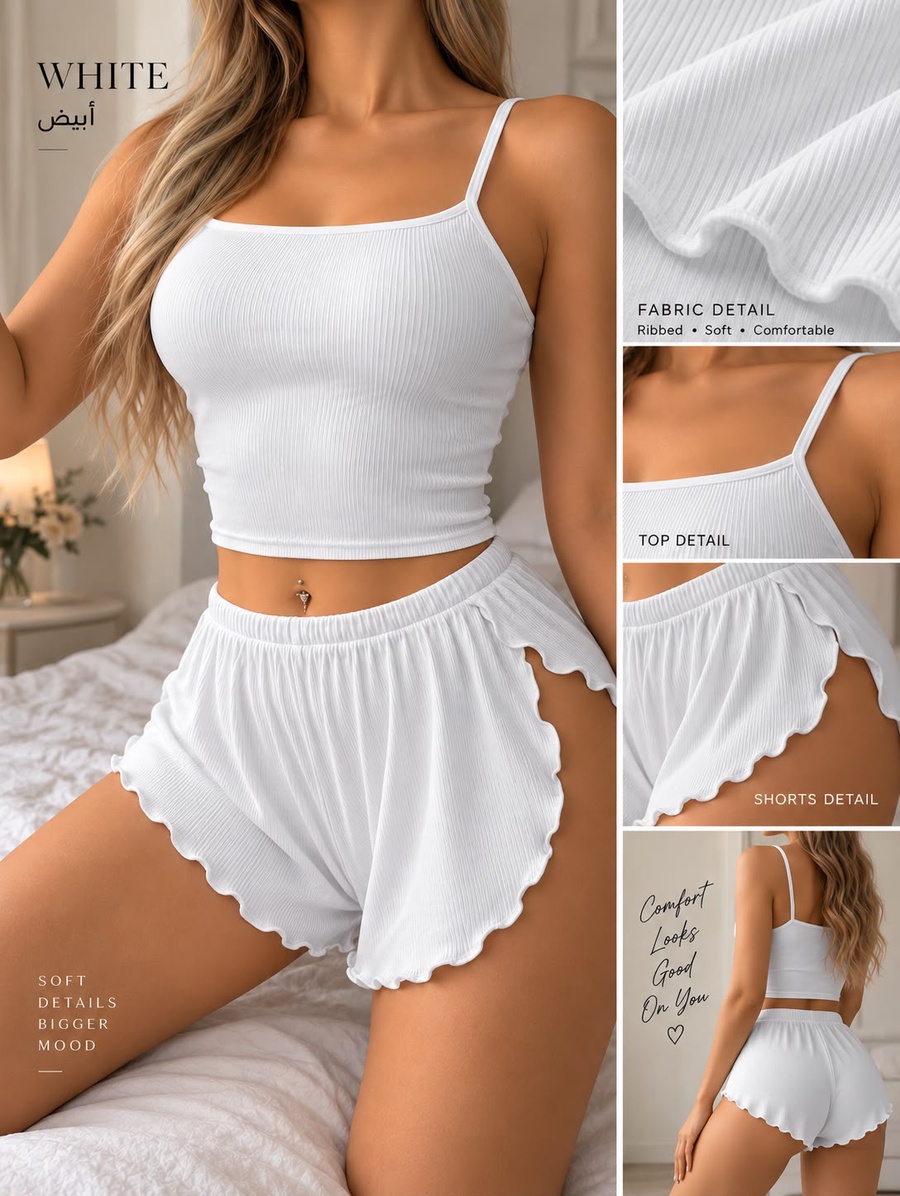 طقم بيجامة مضلع بحمالات رفيعة وشورت | Ribbed Cami Set PJ006