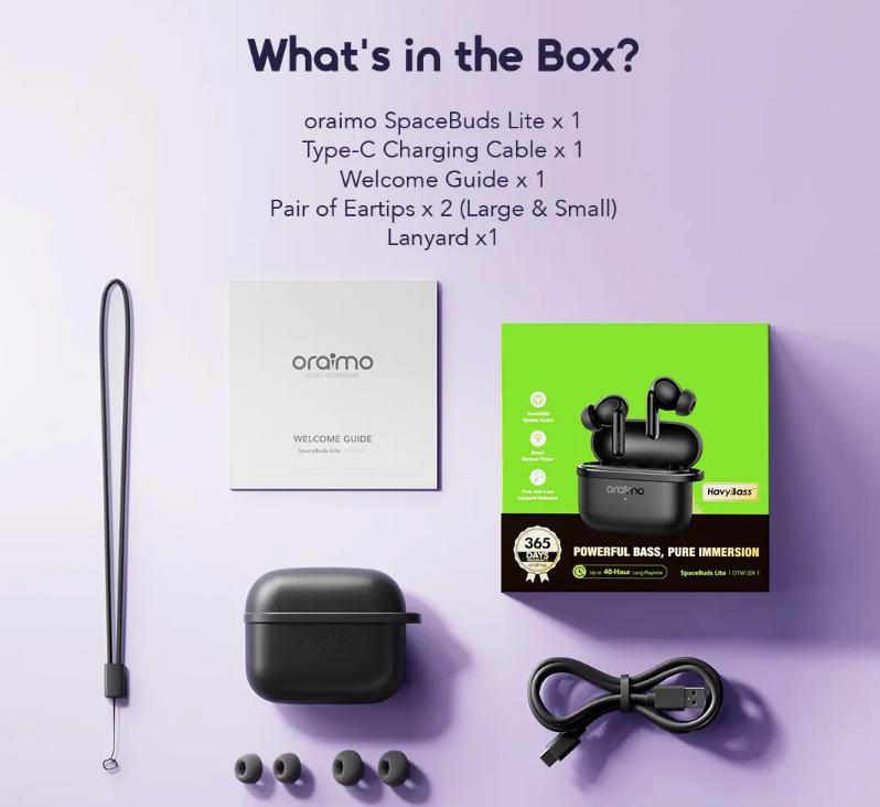 سماعة أذن لاسلكية Oraimo SpaceBuds Lite OTW-324 بصوت Sound360 ووضع الألعاب - أسود