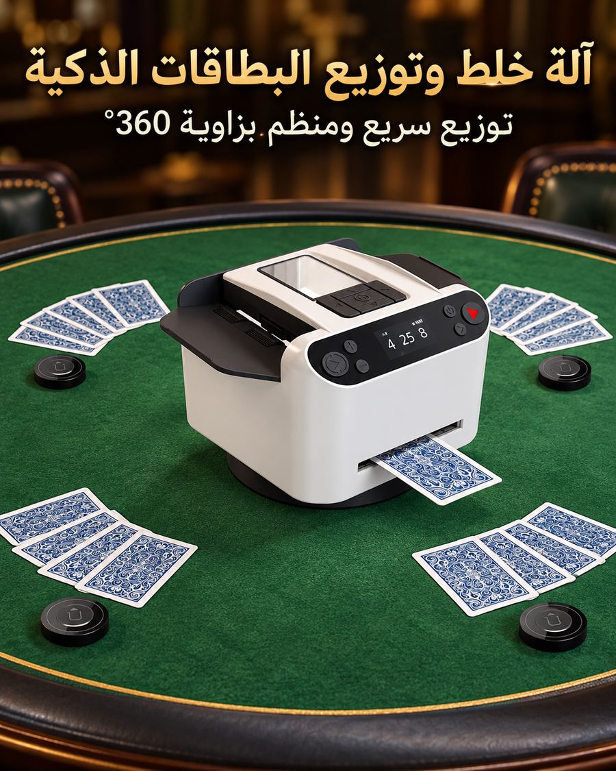 آلة خلط وتوزيع أوراق اللعب الأوتوماتيكية 360° مع 4 أزرار لاسلكية – قابلة لإعادة الشحن