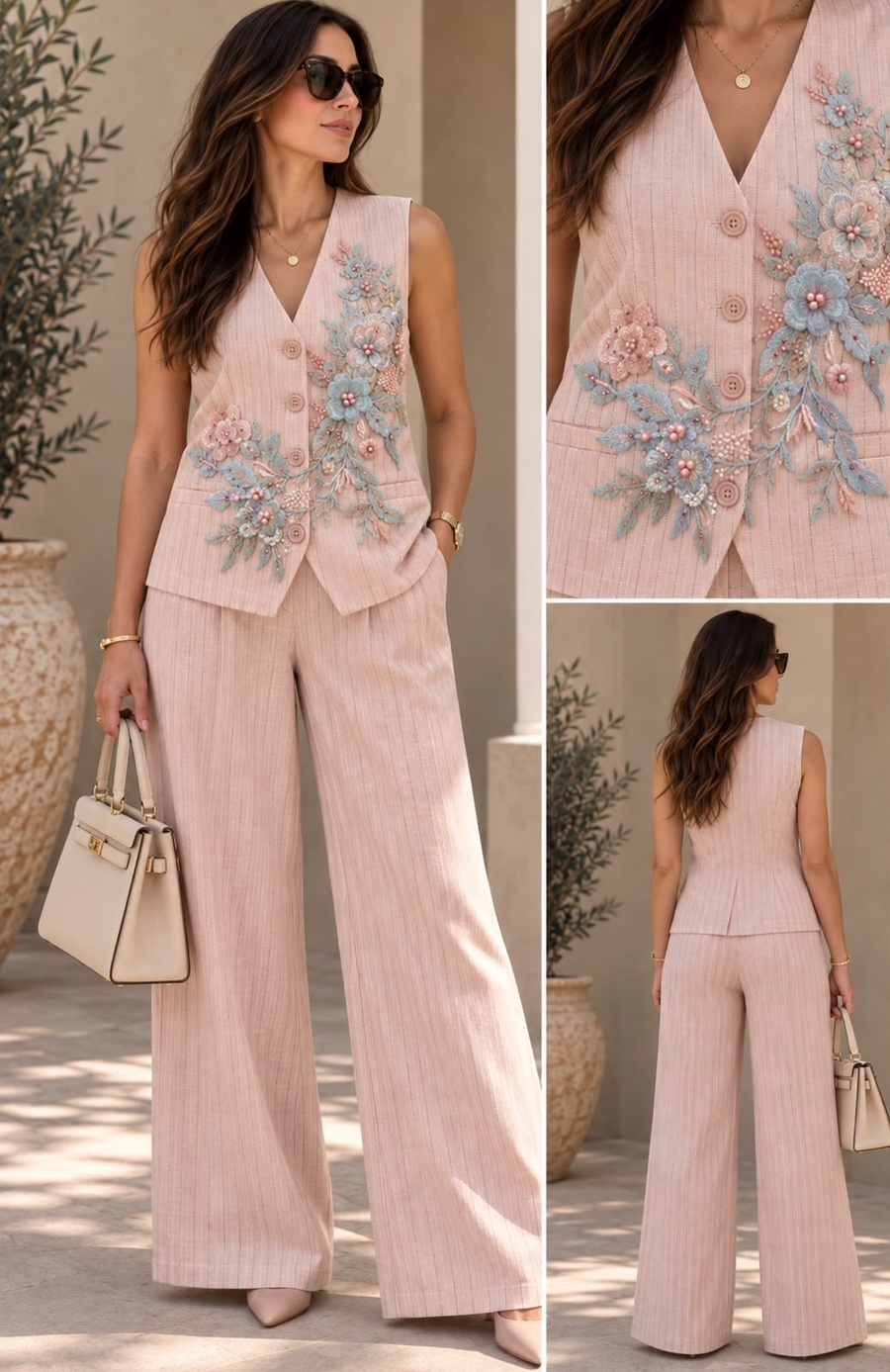 Powder Pink Floral Tailored Two-Piece Set
