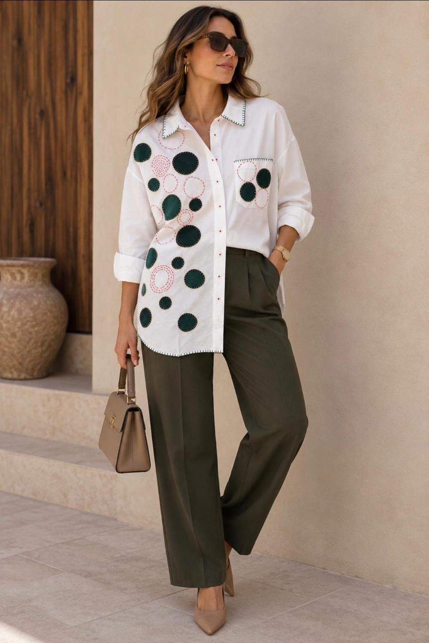 White Circular Appliqué Hand-Stitched Shirt