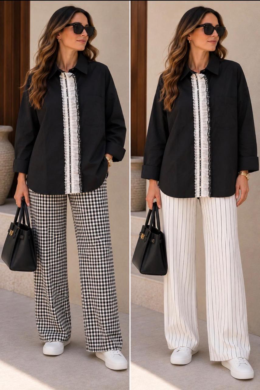 Black Oversized Ruffled Lace Panel Shirt