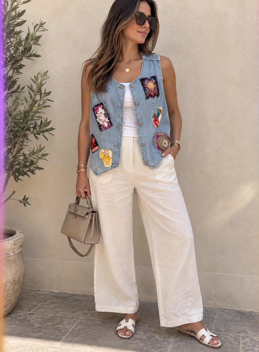Light & Dark Wash Colorful Patchwork Denim Vest