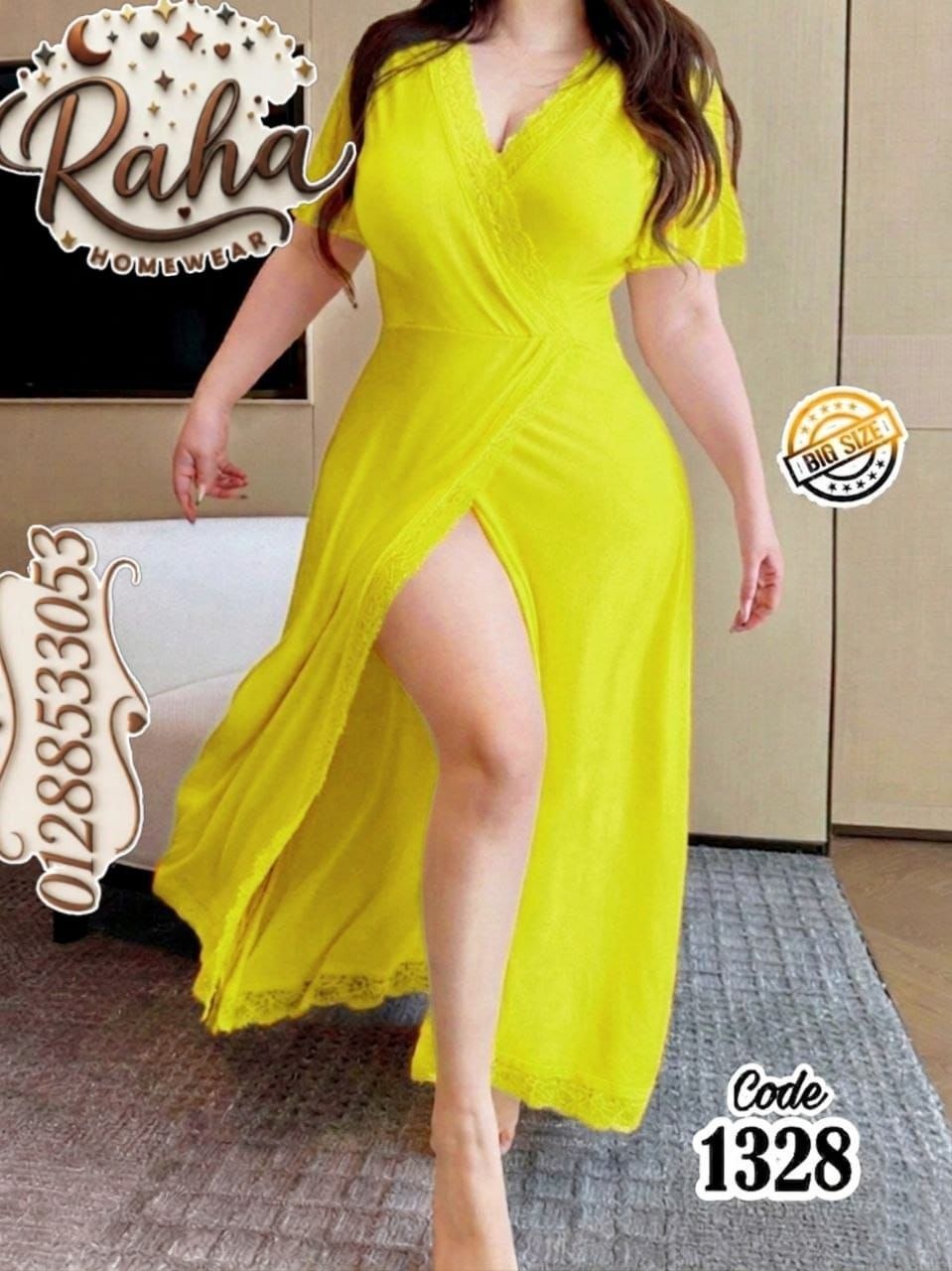 فستان كاش طويل زبدة مستورد أصفر بفتحة جانبية ودانتيل – بيج سايز حتى 120 كجم 💛✨