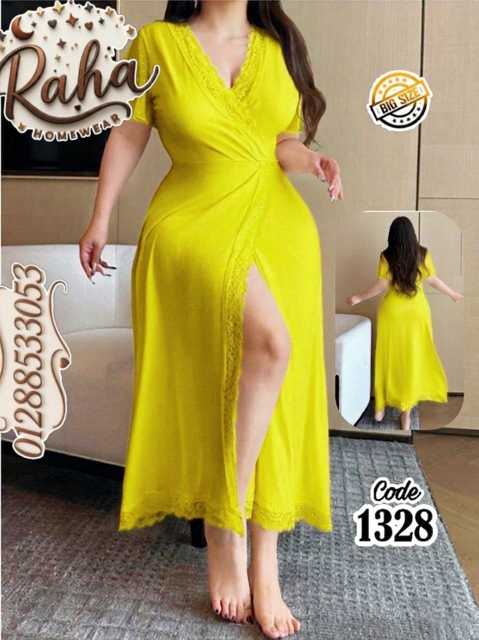 فستان كاش طويل زبدة مستورد أصفر بفتحة جانبية ودانتيل – بيج سايز حتى 120 كجم 💛✨