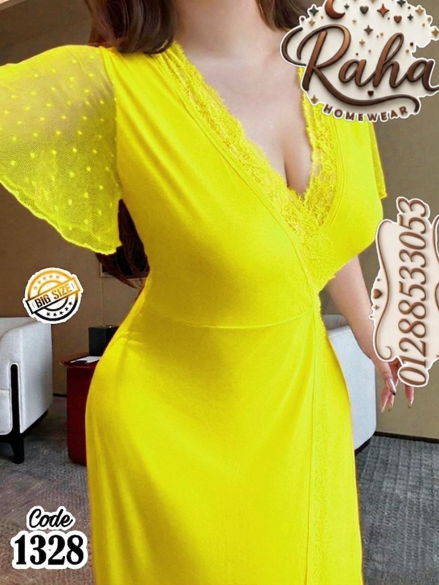 فستان كاش طويل زبدة مستورد أصفر بفتحة جانبية ودانتيل – بيج سايز حتى 120 كجم 💛✨