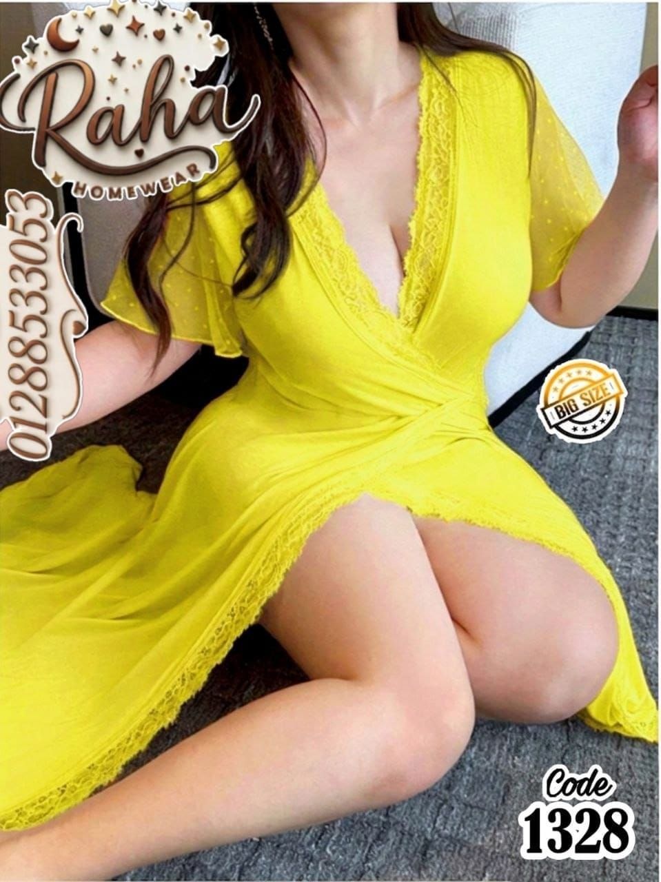 فستان كاش طويل زبدة مستورد أصفر بفتحة جانبية ودانتيل – بيج سايز حتى 120 كجم 💛✨