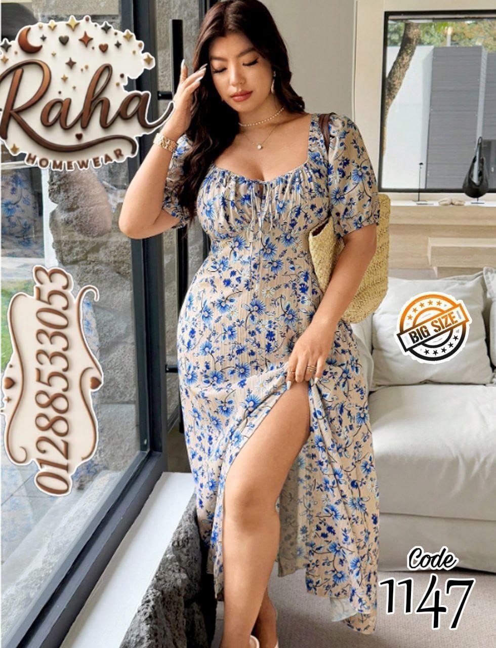فستان كاش طويل زبدة مستورد مشجر بكم قصير وفتحة جانبية – بيج سايز حتى 110 كجم 🌸💙