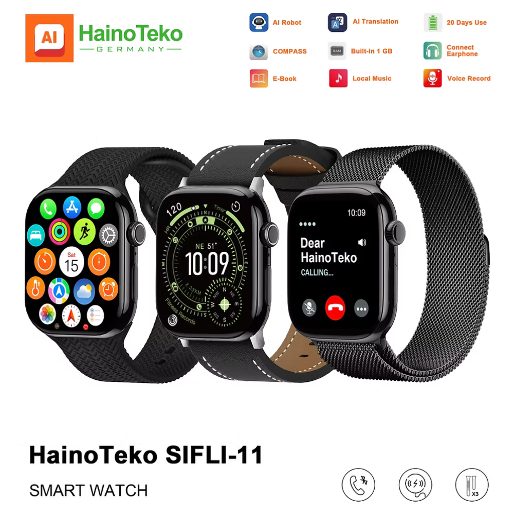 ساعة Haino Teko SIFLI-11 الذكية مع 3 أساور وشاشة AMOLED (دعم المكالمات والذكاء الاصطناعي)