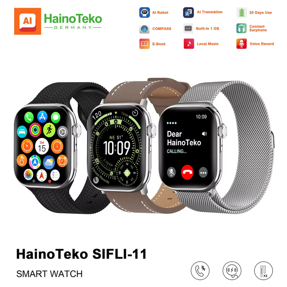 ساعة Haino Teko SIFLI-11 الذكية مع 3 أساور وشاشة AMOLED (دعم المكالمات والذكاء الاصطناعي)