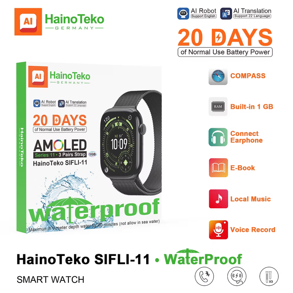 ساعة Haino Teko SIFLI-11 الذكية مع 3 أساور وشاشة AMOLED (دعم المكالمات والذكاء الاصطناعي)