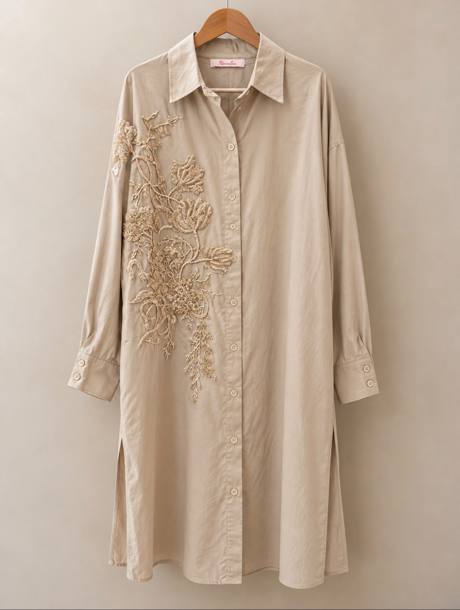 Beige Cascading Floral Embroidered Longline Shirt