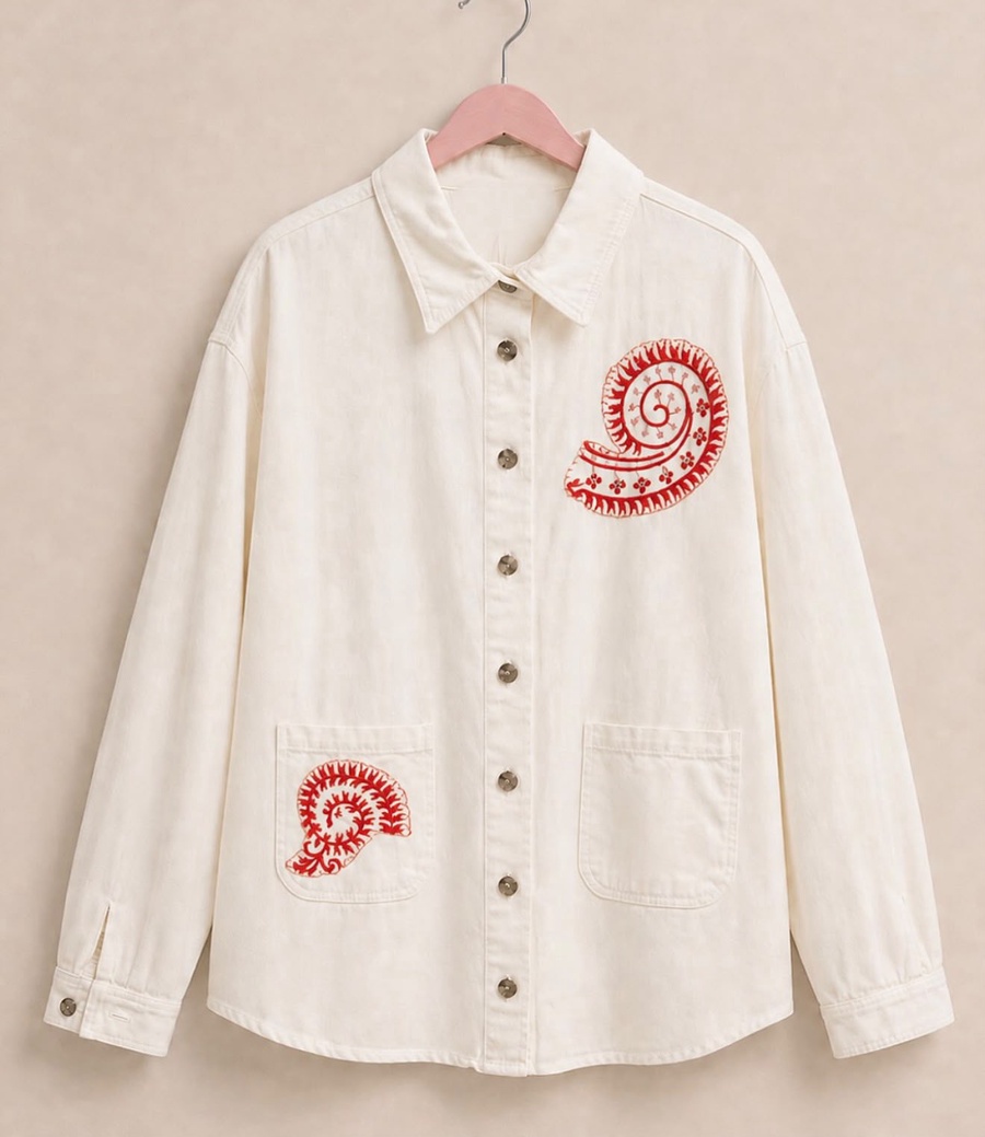 White Denim Jacket with Bold Red Embroidery