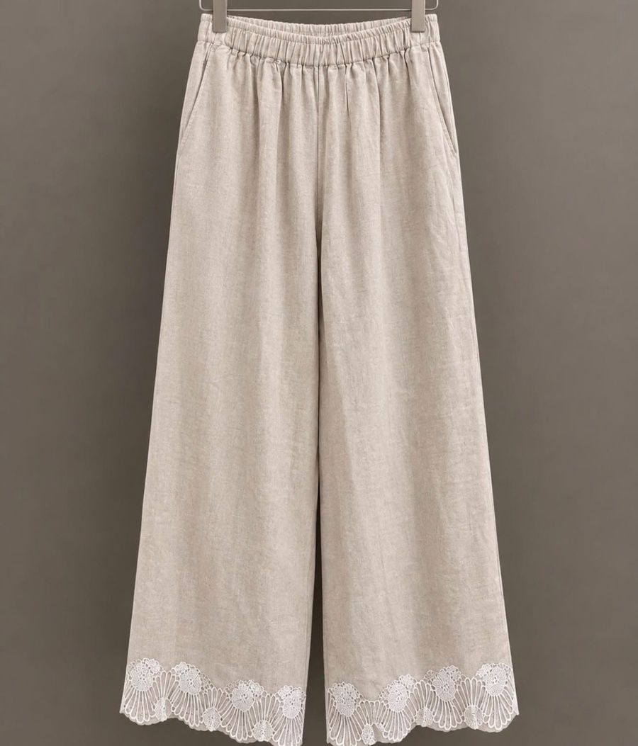 Natural Beige 100% Linen Lace Two-Piece Set