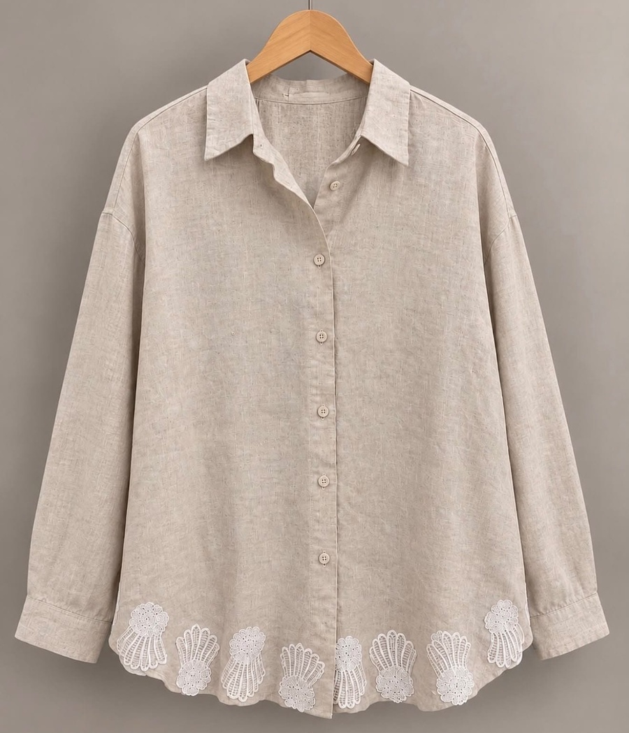 Natural Beige 100% Linen Lace Two-Piece Set
