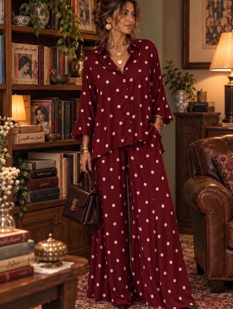 Burgundy Cream Polka Dot Two-Piece Set