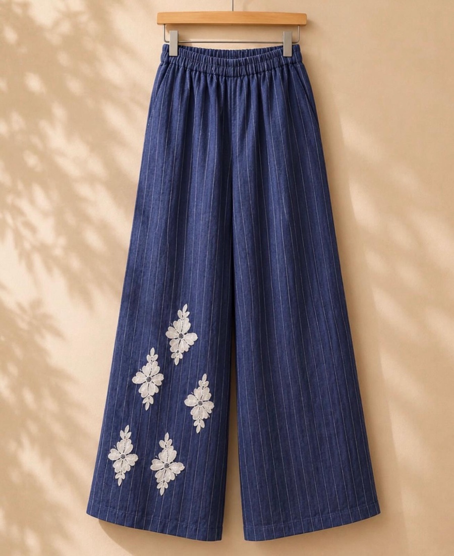 Deep Blue Floral Appliqué Vest & Wide-Leg Set