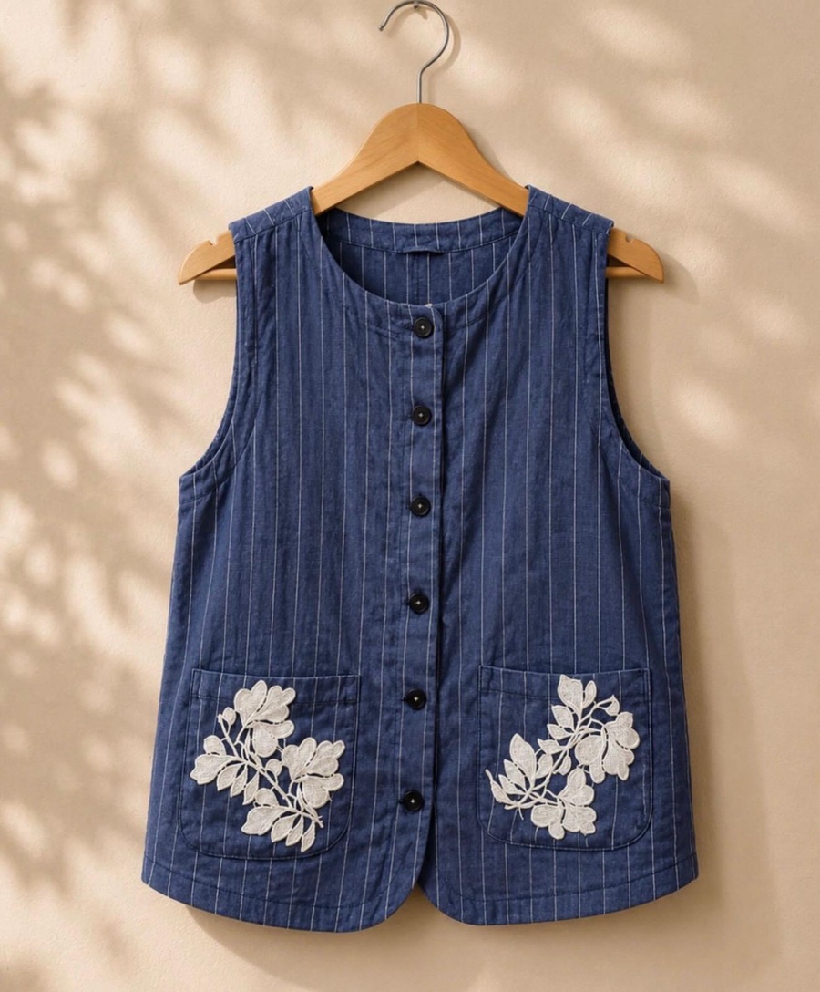 Deep Blue Floral Appliqué Vest & Wide-Leg Set