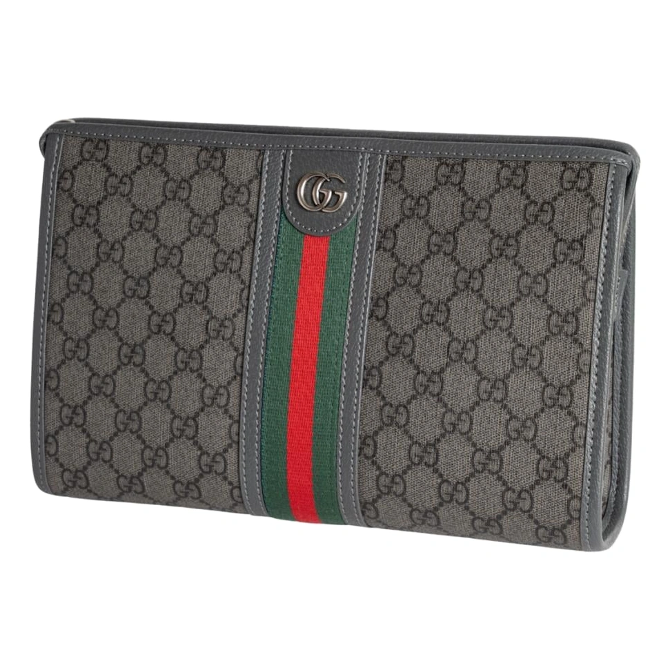 Gucci GG Supreme Unisex Clutch Bag – Grey & Black Monogram with Signature Web Stripe#0003