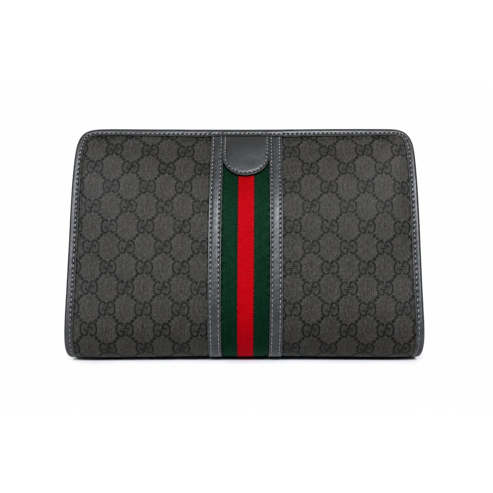 Gucci GG Supreme Unisex Clutch Bag – Grey & Black Monogram with Signature Web Stripe#0003