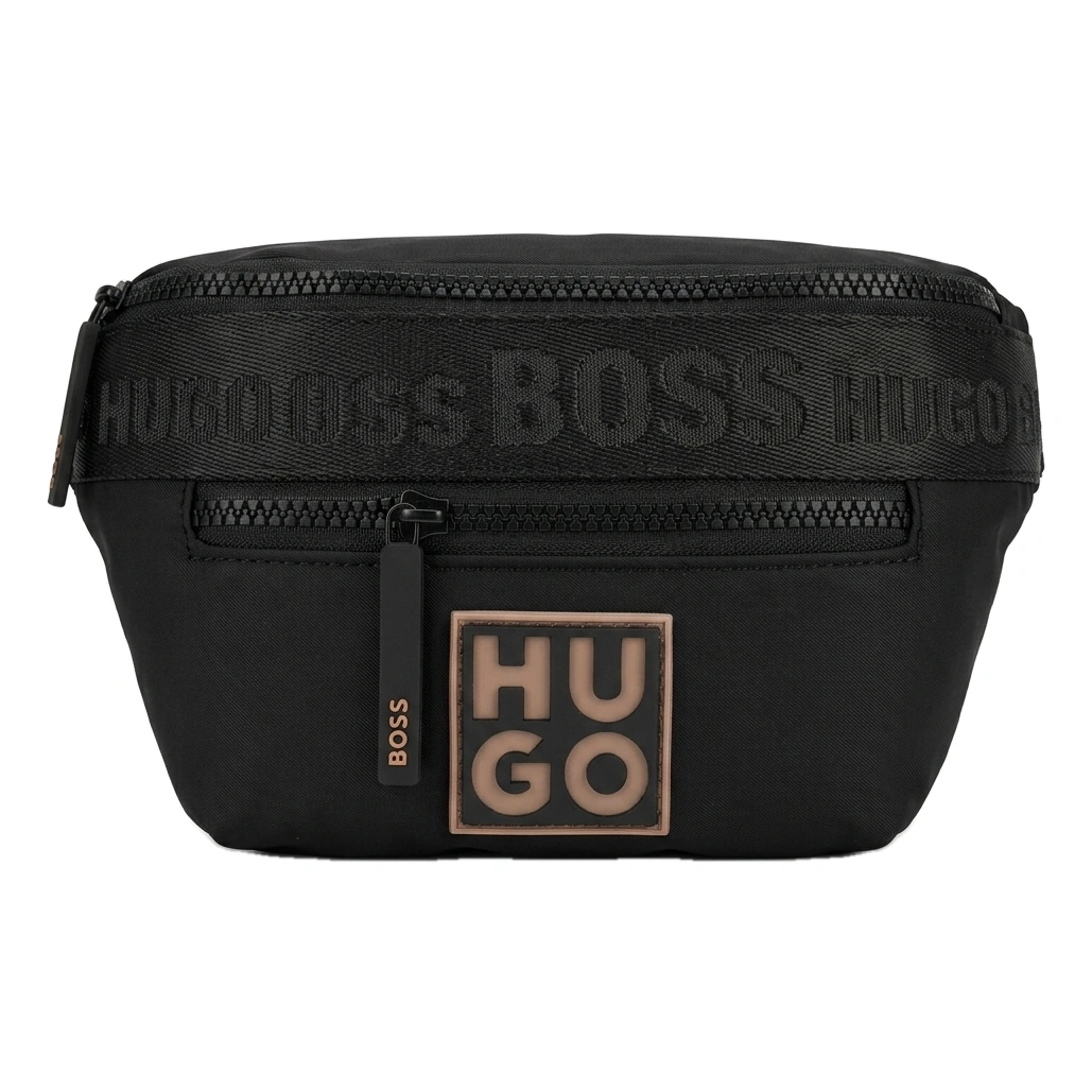 HUGO BOSS Black Nylon Belt Bag with Contrast Logo and Multiple Zipped Compartments #0014