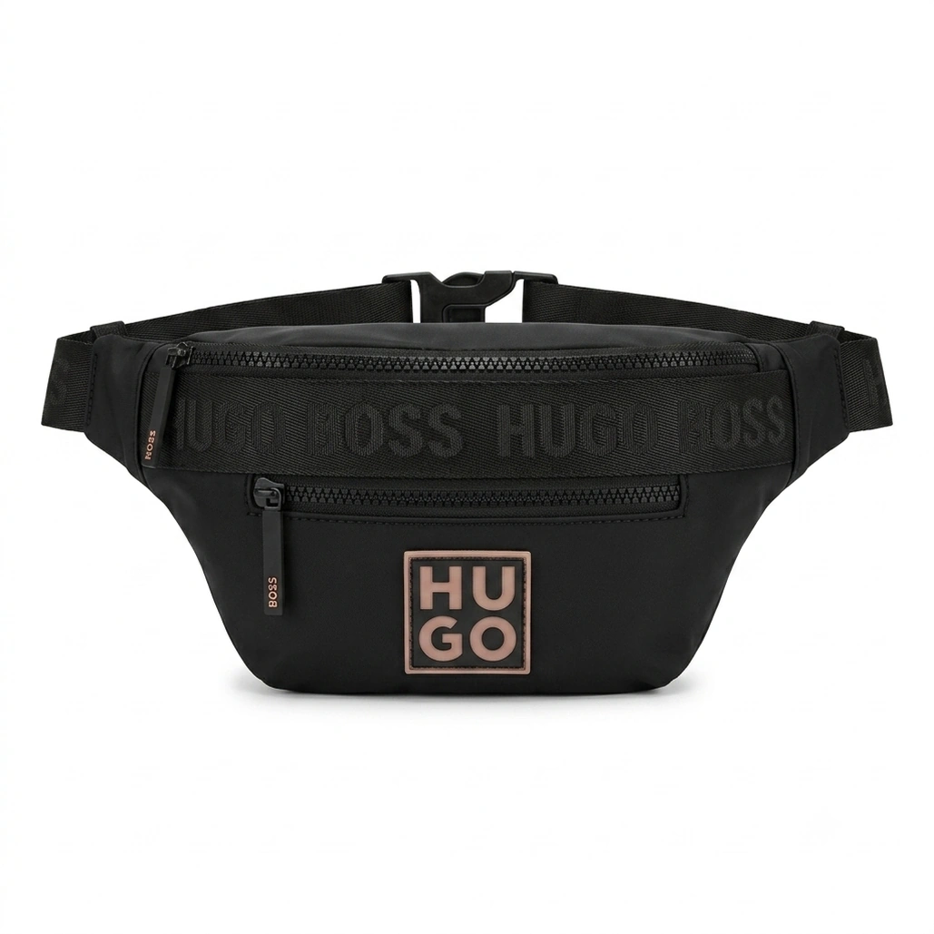 HUGO BOSS Black Nylon Belt Bag with Contrast Logo and Multiple Zipped Compartments #0014