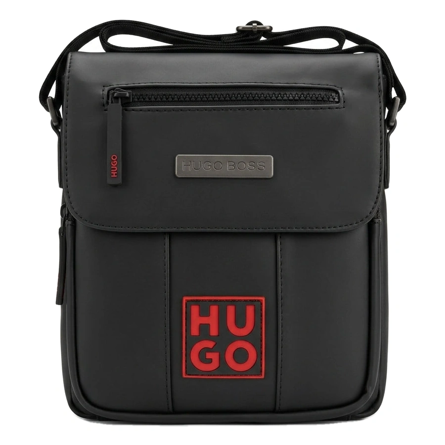 HUGO BOSS Men’s Matte Black Flap-Over Crossbody Reporter Bag #0013